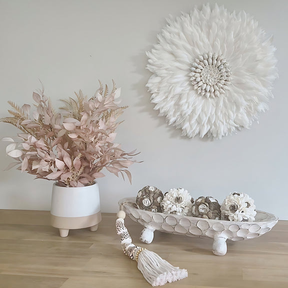 Oasis feather and shell wall decor, juju, coastal boho homewares, Insitu with Lulu Bundle
