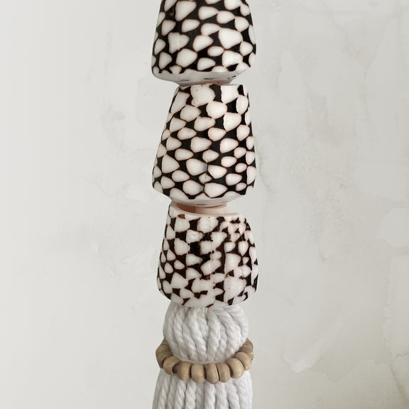 Tiger Cone Shell Tassel, Home Decor, Coastal Boho homewares, Hanging Detail Close
