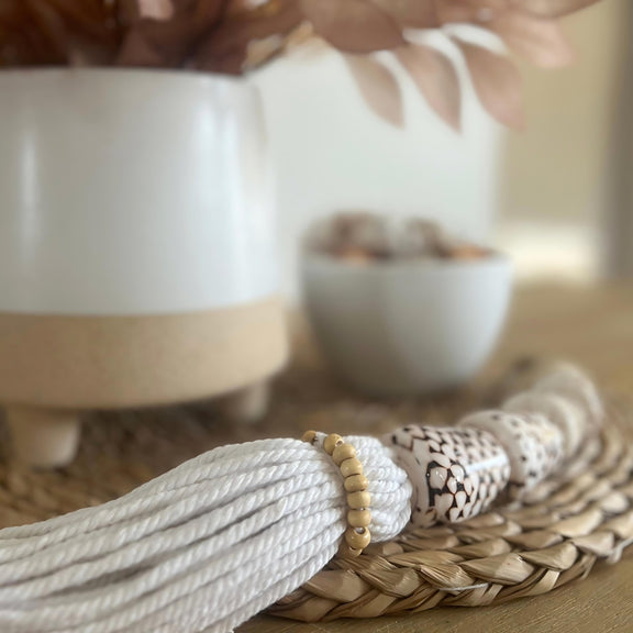 Tiger Cone Shell Tassel, Home Decor, Coastal Boho homewares, Insitu Detail