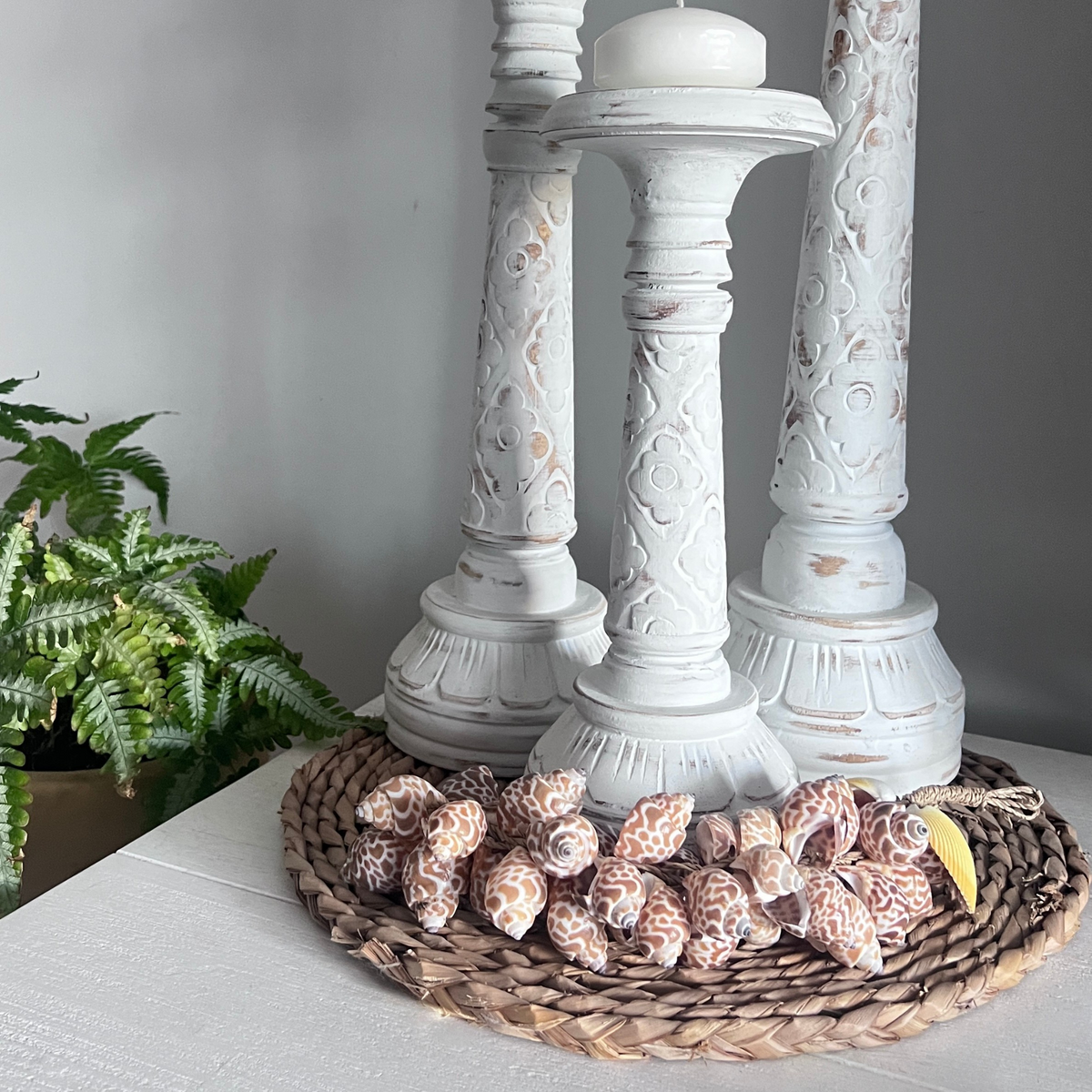 Decorative white candle holder with seashells on a woven mat, plant in the background